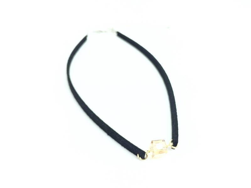 透明金色水晶-黑色麂皮颈链 - 项链 - 真皮 黄色