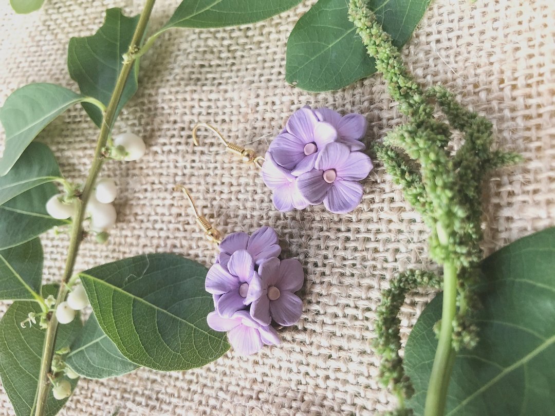 紫阳花 绣球花 花卉 浪漫 垂吊耳环   经典紫色 - 耳环/耳夹 - 陶 紫色