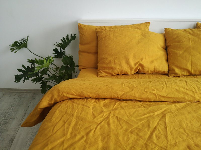 Mustard linen flat sheet/Linen bedsheet/Softened stonewashed linen sheet - 寝具 - 亚麻 黄色
