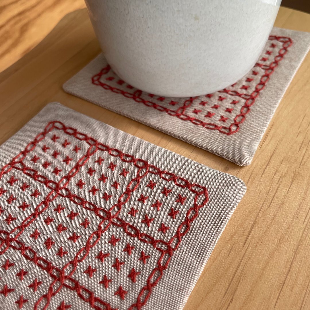 2 件组 Sashiko 杯垫，适用于饼干、糖果、刺绣杯、厨房用品、咖啡厅、咖啡棕织物杯垫，手工制作，礼物，圣诞节，生日 - 杯垫 - 棉 咖啡色