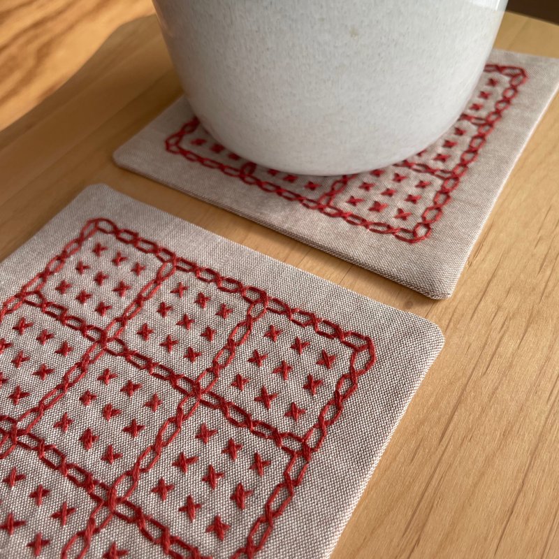 2 件组 Sashiko 杯垫，适用于饼干、糖果、刺绣杯、厨房用品、咖啡厅、咖啡棕织物杯垫，手工制作，礼物，圣诞节，生日 - 杯垫 - 棉．麻 咖啡色