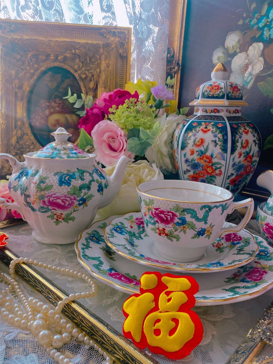 1920年英国制 手绘牡丹古董杯两件式 库存品  母亲节礼物 - 茶具/茶杯 - 瓷 多色