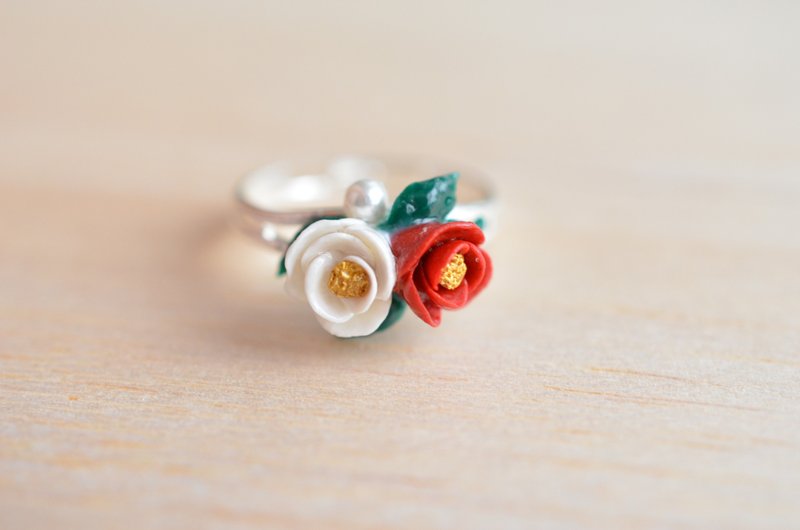 椿花 可调节式 14K 包金戒指 - 戒指 - 粘土 红色