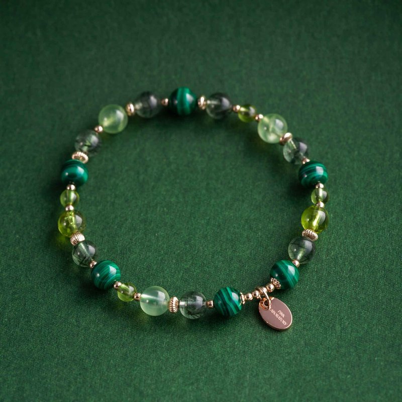 孔雀石橄榄石绿发晶14KGF手链 | 天然水晶定制化礼物 - 手链/手环 - 水晶 绿色