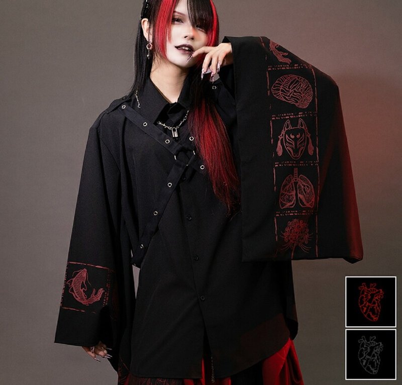 我乐多浮世绘仿旧印花振袖衬衫胸背带改良和风ACDC RAG台湾JA0794 - 女装衬衫 - 聚酯纤维 