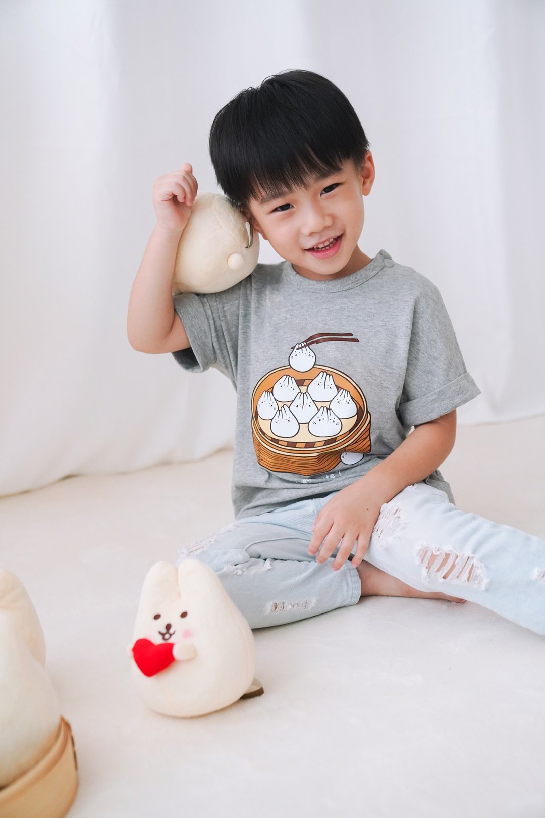 Kid-麻糬兔小笼包小孩T-shirt (灰色) - 童装上衣 - 棉 灰色