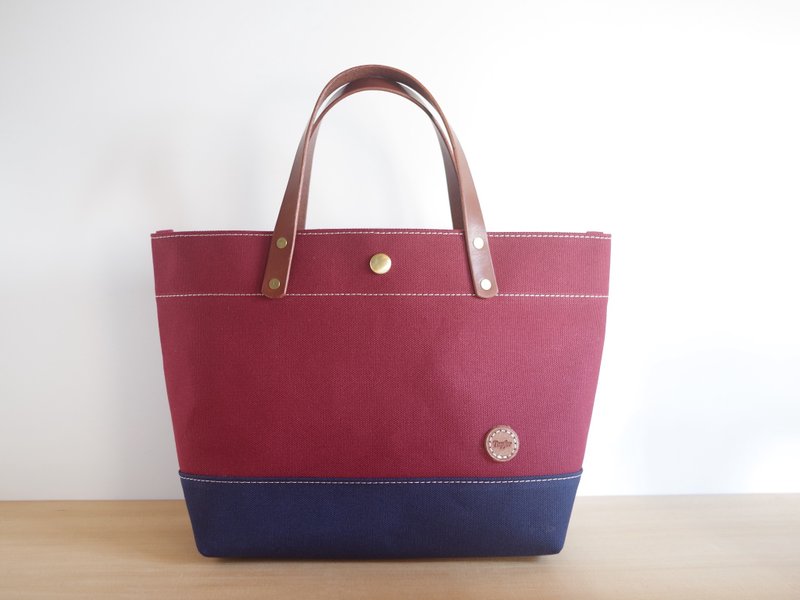 Leather handle canvas tote bag Bordeaux x Navy - 手提包/手提袋 - 棉．麻 多色