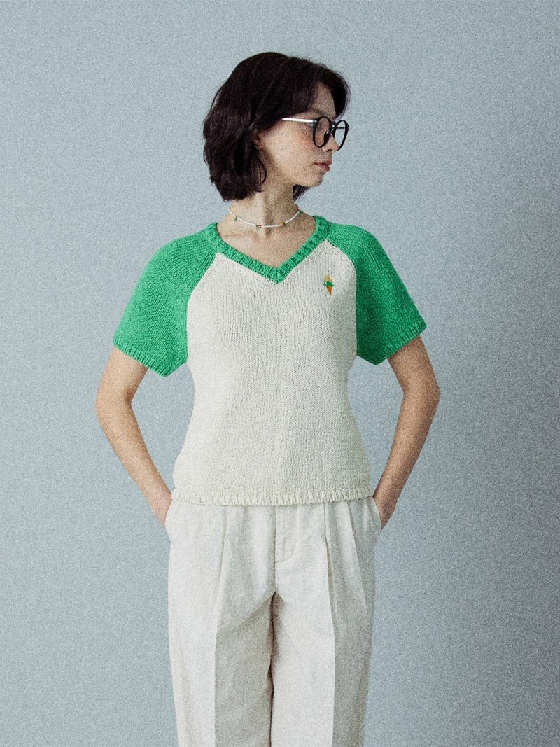 冰淇淋 撞色 V领 针织衫 绿 S M - 女装 T 恤 - 棉．麻 绿色