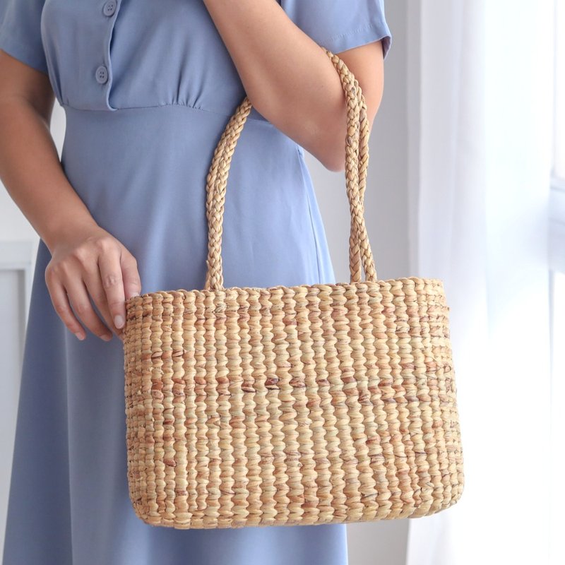 夏季海滩市场托特包顶部拉链草编手提包天然编织托特包 - 手提包/手提袋 - 其他材质 咖啡色