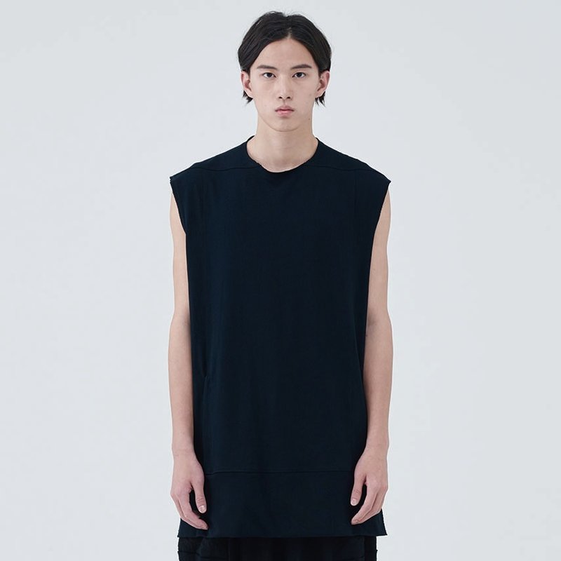 TRAN - 拼接藏袋背心 - 男装背心 - 棉．麻 黑色