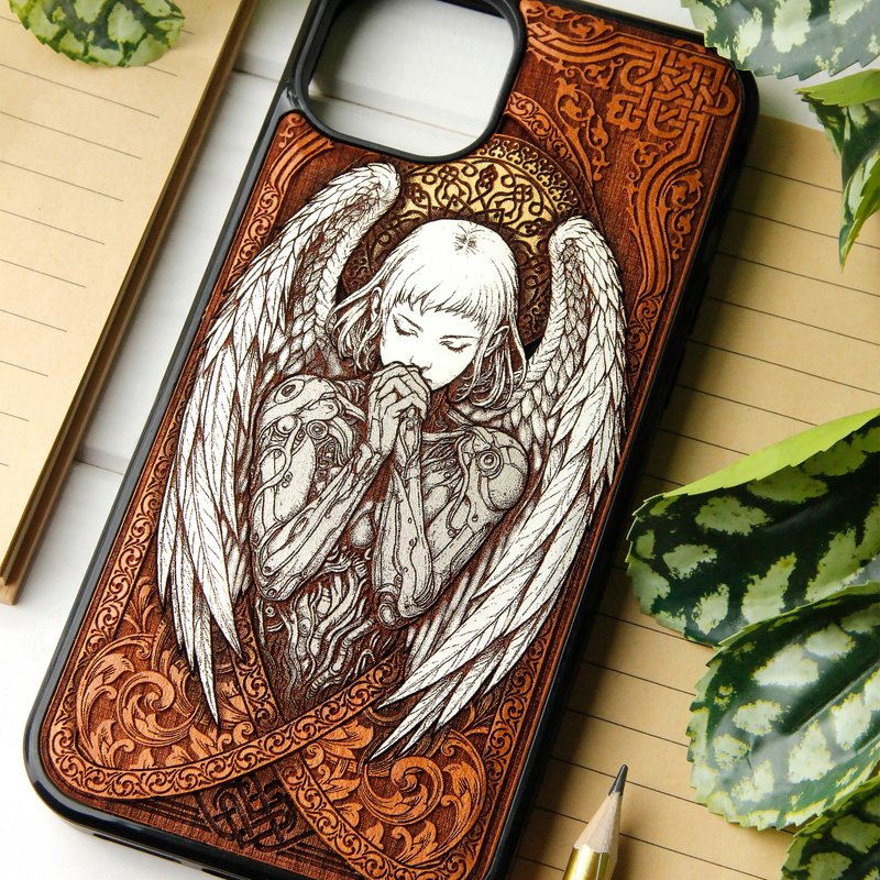 Cyber Angel - 手机壳木质雷射雕刻+手绘 - 手机壳/手机套 - 木头 咖啡色