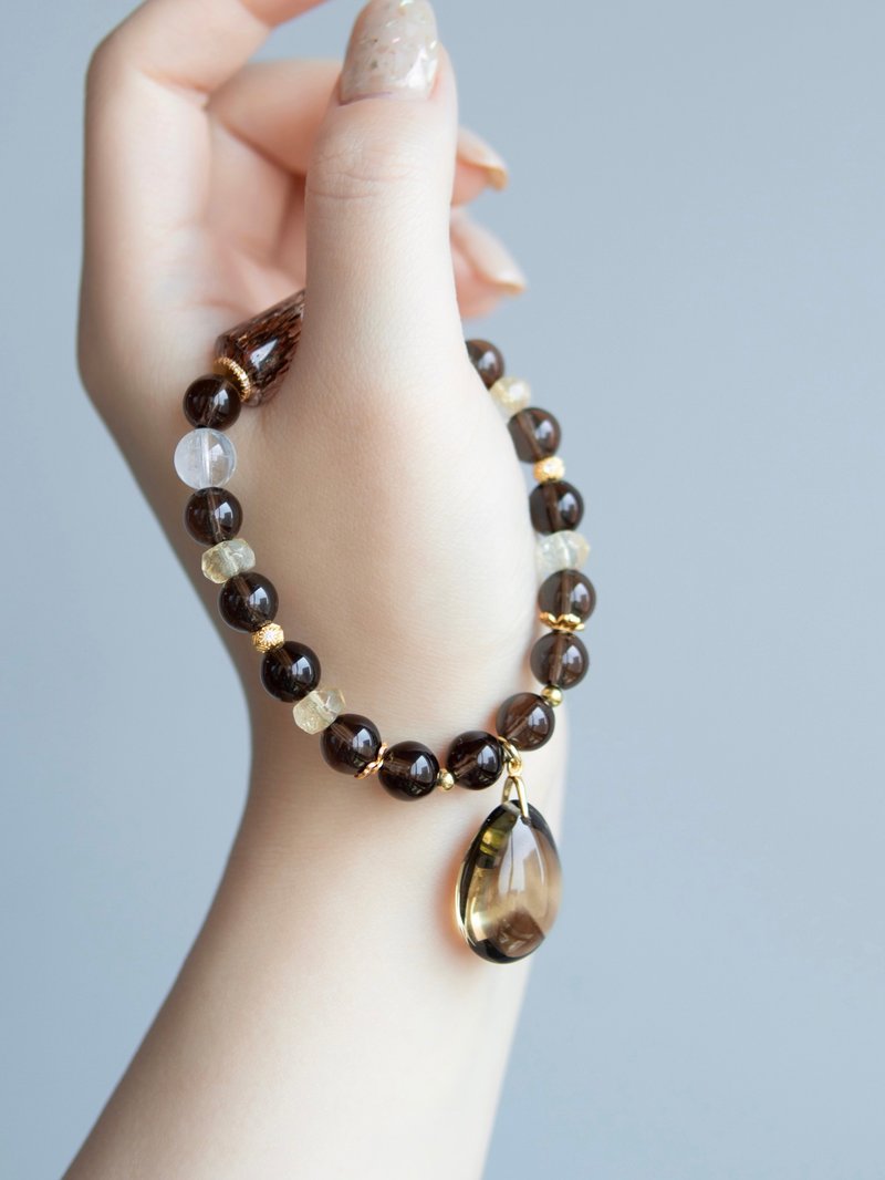 黑金超+千层幻影茶黄晶+茶晶+黄水晶+青金石 客定 - 手链/手环 - 水晶 