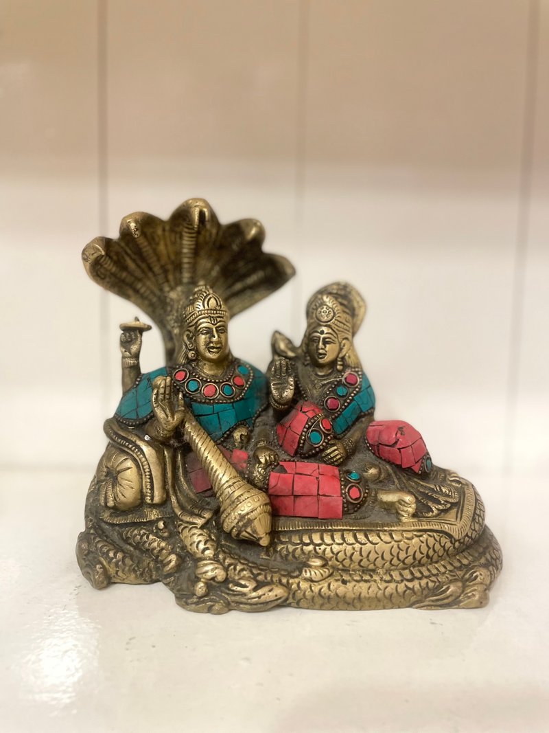 印度手工制 精细镶嵌工艺 黄铜像 - 印度教神只 毗湿奴 - 摆饰 - 铜/黄铜 金色