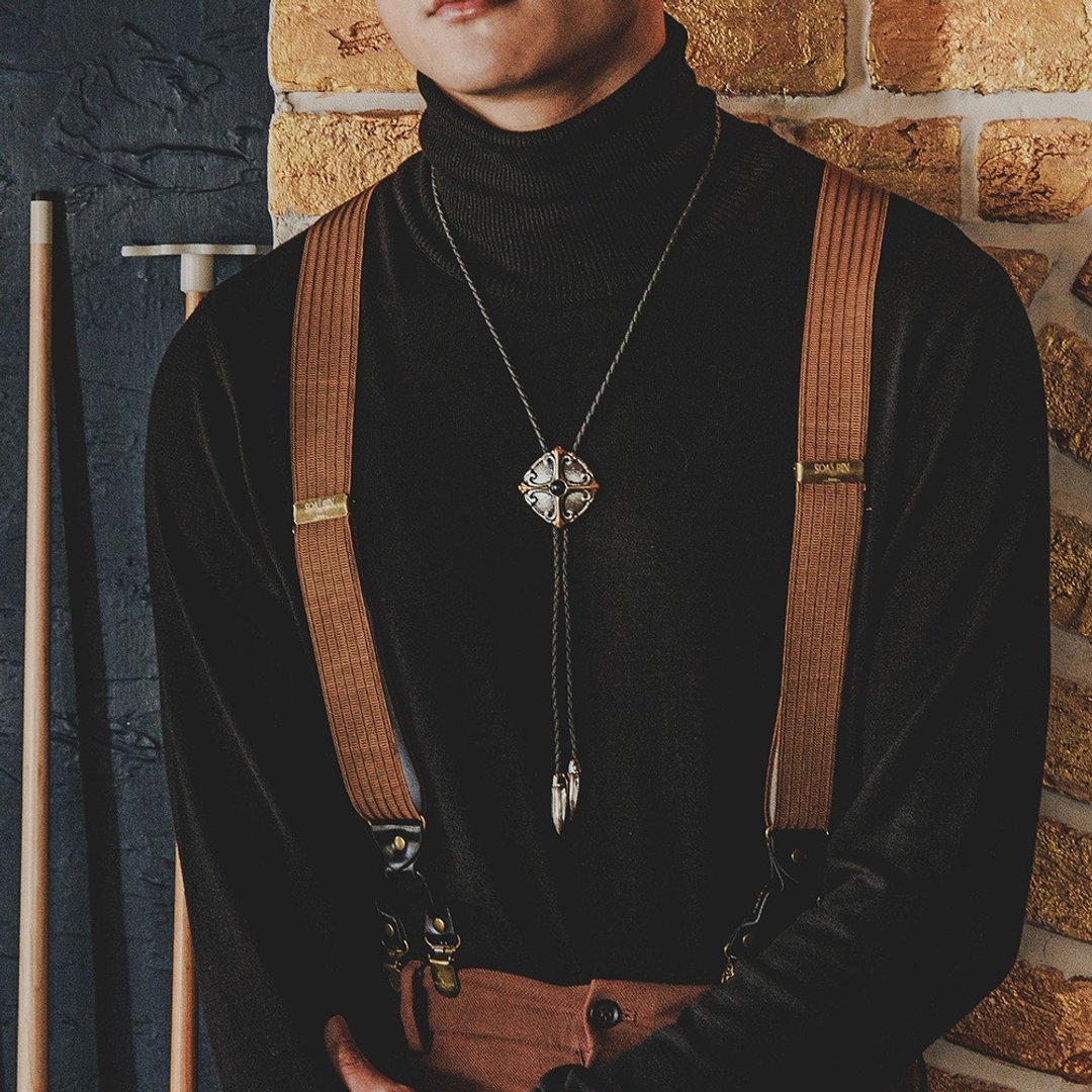 绅士鸢尾花系列 保罗领带 Bolo Tie 皮革项链 皮绳领带 长项链 - 领带/领带夹 - 人造皮革 银色