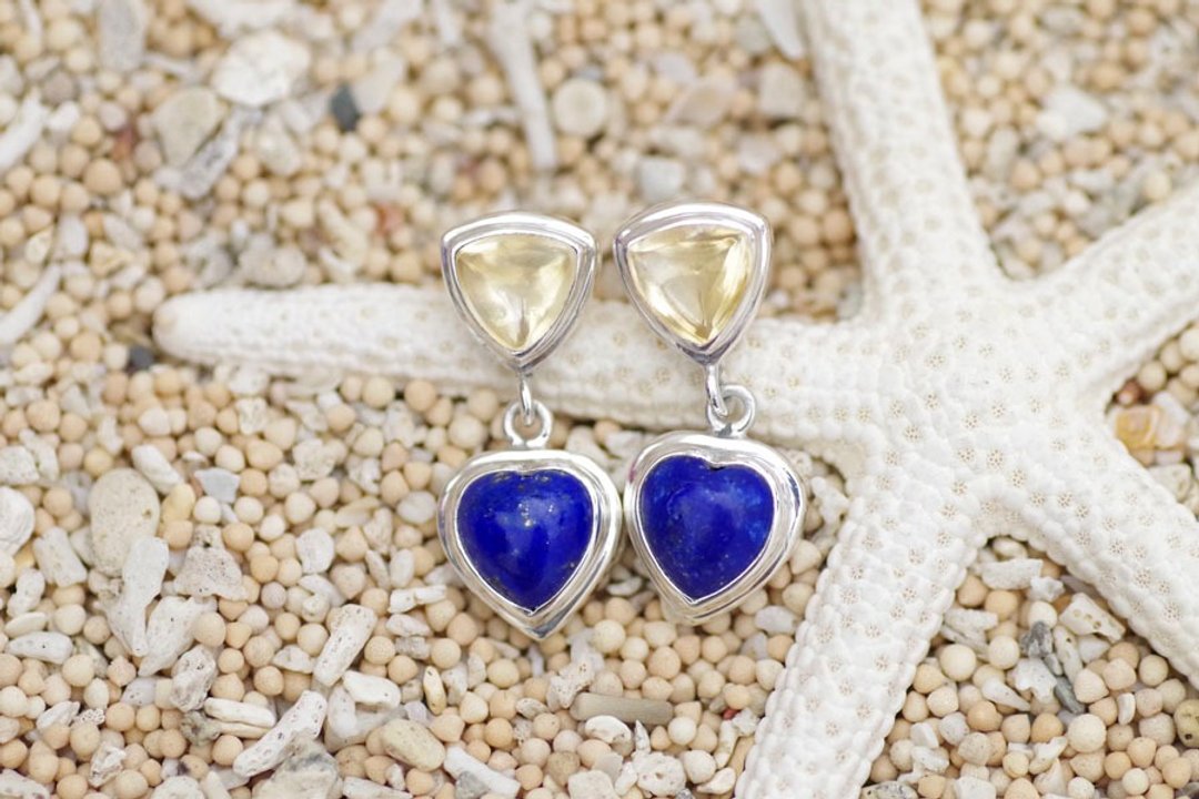 Heart of lapis lazuli and citrine Silver Earrings - 耳环/耳夹 - 石头 蓝色