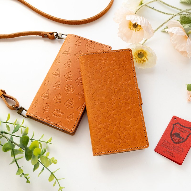 兼容于所有型号智慧型手机外壳，笔记本风格，牛仔裤[浮雕森林花]免费送货，真皮智慧型手机单肩包 AG10K - 手机壳/手机套 - 真皮 咖啡色