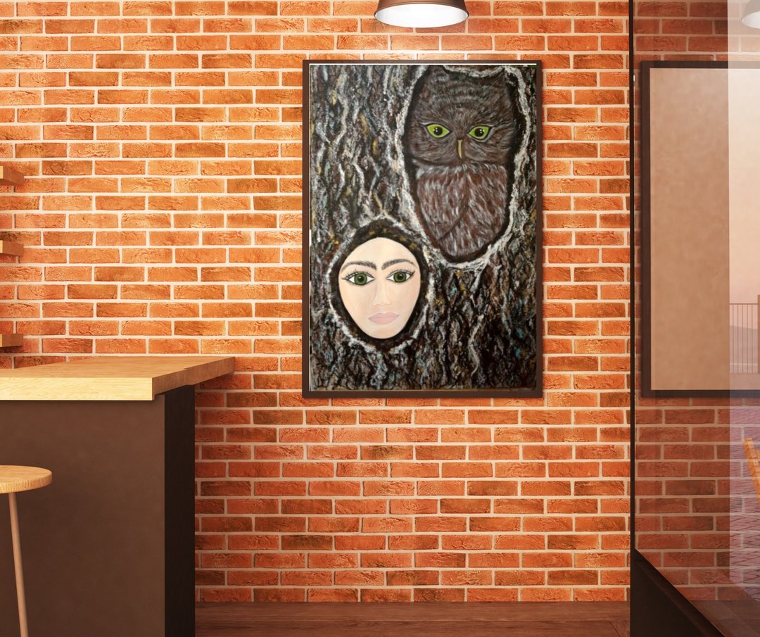 猫头鹰画布画作，原创画布鸟类画作，女性肖像画 - 墙贴/壁贴 - 压克力 