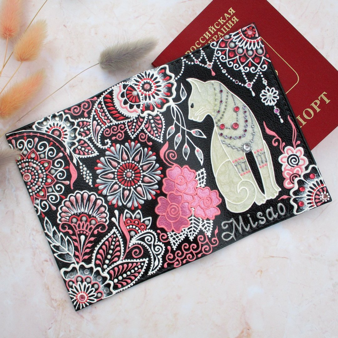 Passport holder personalized, Painted passport cover, Document holder, White cat - 护照夹/护照套 - 真皮 多色