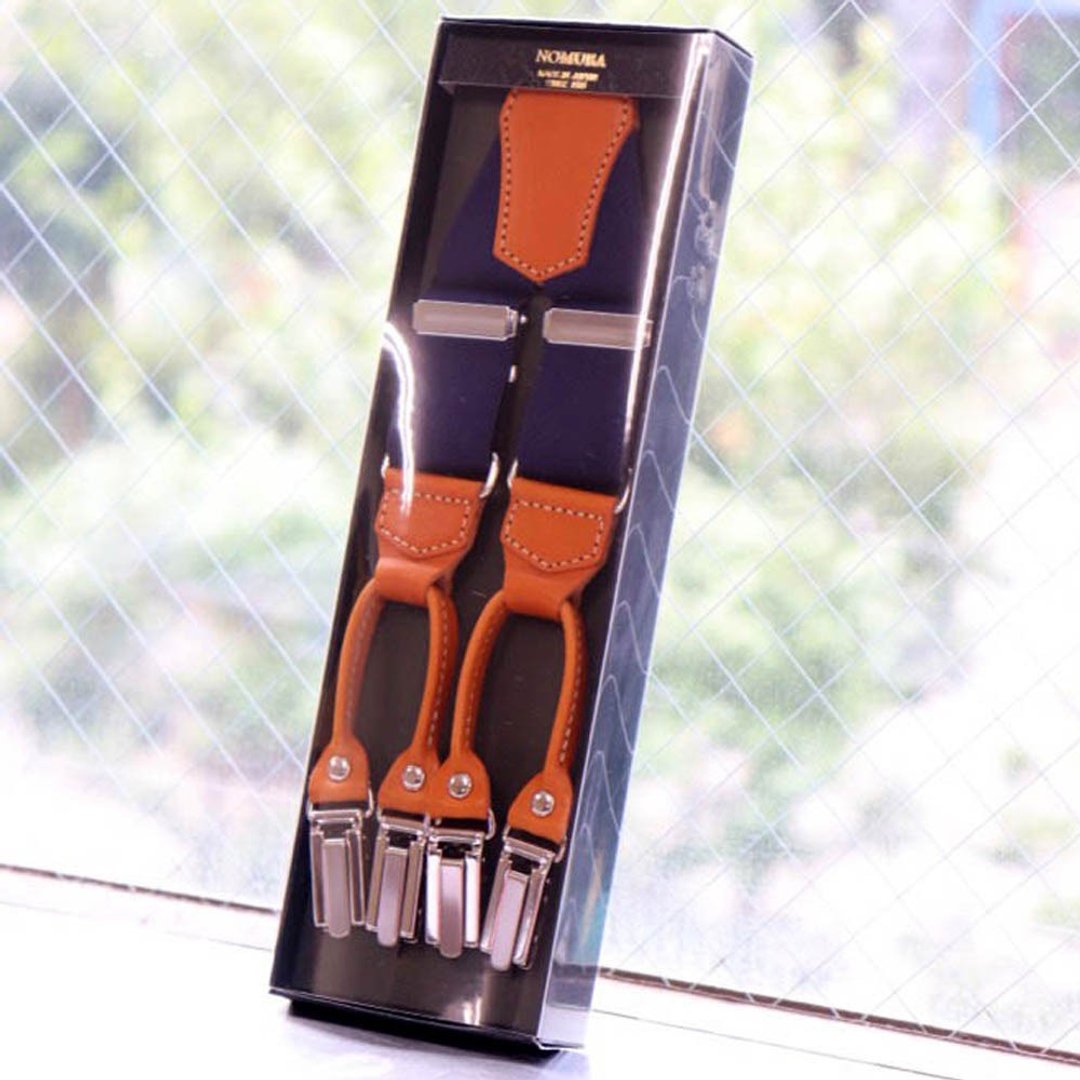 NOMURA Suspenders Tochigi leather 30mm width Plain made in Japan Boxed gift - 皮带/腰带 - 真皮 咖啡色