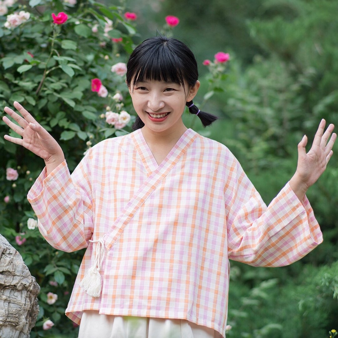 橘粉格子 和风流苏系带和服甚平 斜襟日式短袖衬衫 - 女装上衣 - 棉 粉红色