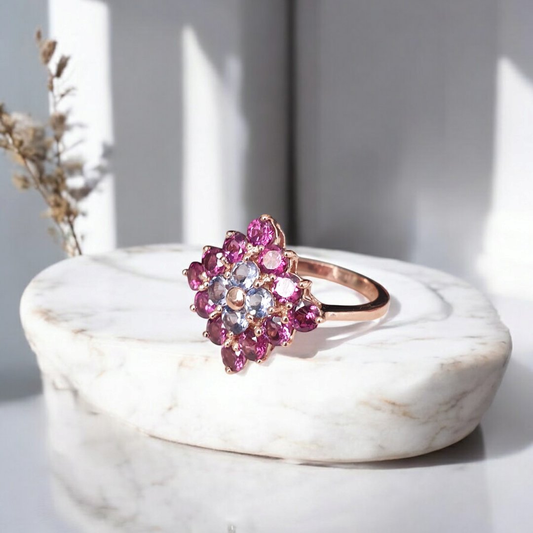Tanzanite ring with Rhodolite garnet, 925 Silver, rose gold plated - 戒指 - 宝石 紫色