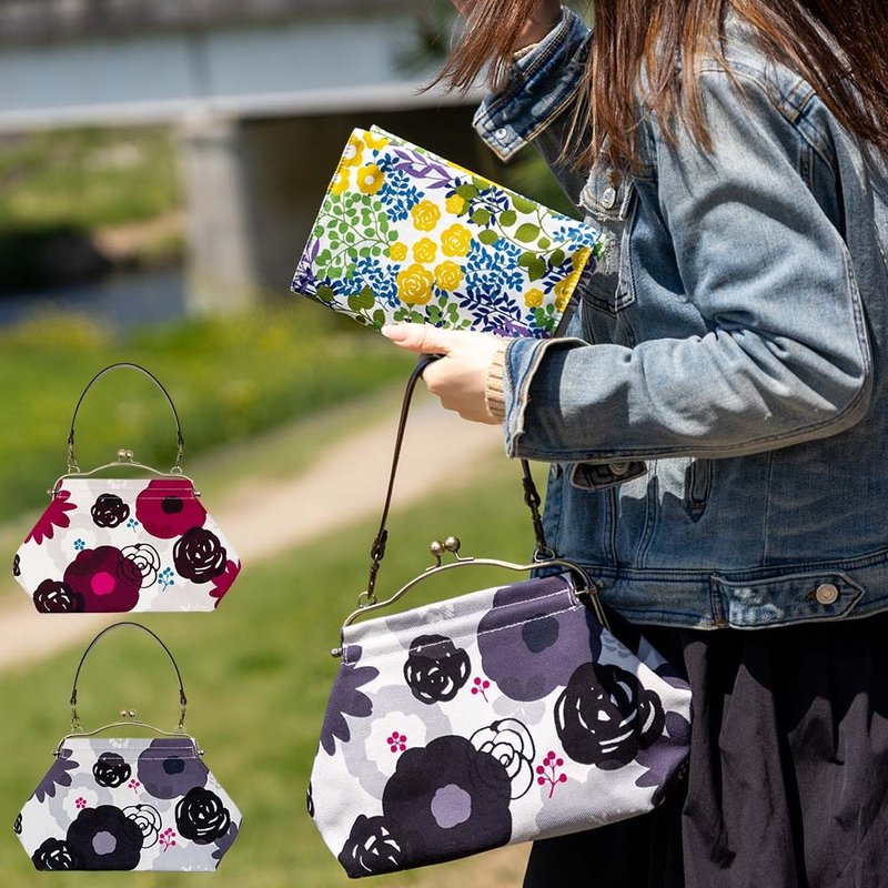 横长苯利口金包 花重ね HANAKASANE 侧背包 附牛皮提把 日本制 - 手提包/手提袋 - 棉．麻 灰色