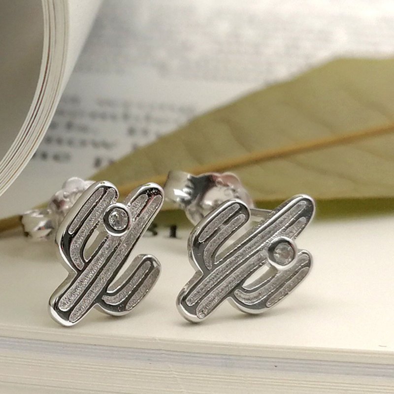 仙人掌-925 纯银镶白锆石耳环 - 耳环/耳夹 - 银 银色