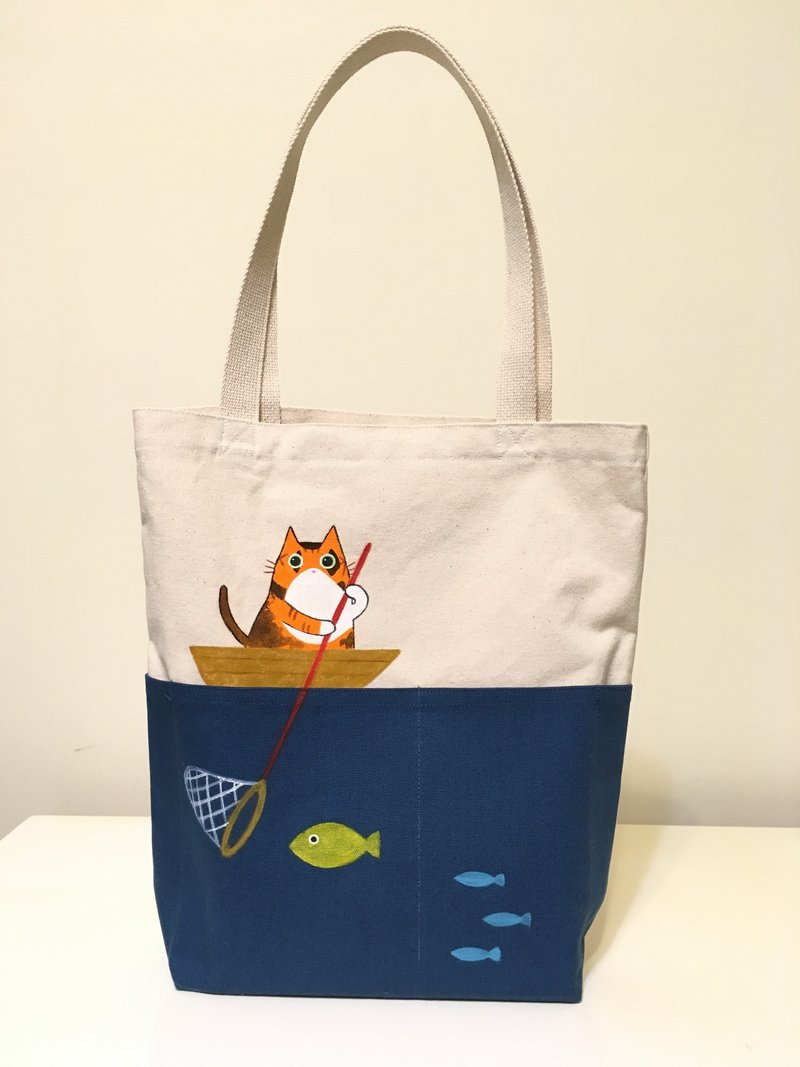 阿喵捞鱼帆布包 - 侧背包/斜挎包 - 棉．麻 卡其色