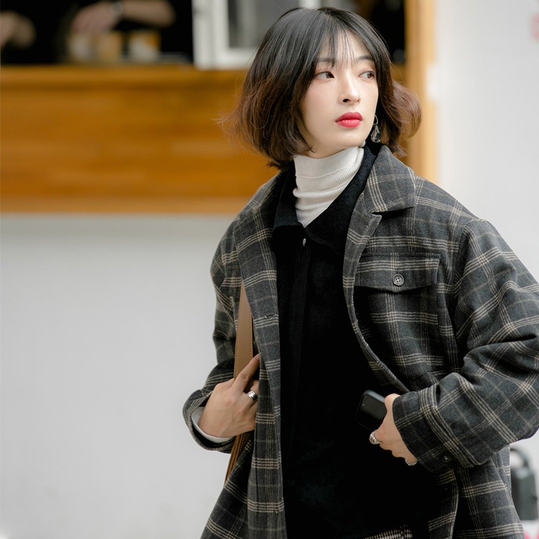灰绿格纹加棉外套|外套|冬款|羊毛混纺|Sora-386 - 女装休闲/机能外套 - 羊毛 灰色