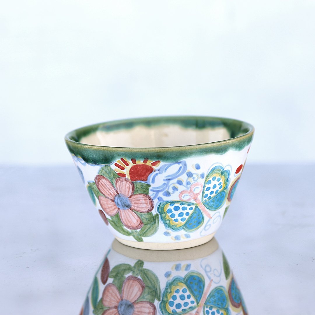 Rice bowl of flowers and butterflies, green edging 2 - 碗 - 陶 绿色