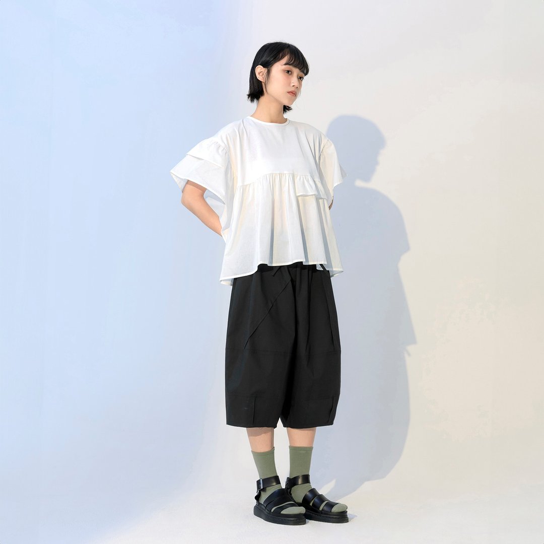 荷叶宽袖拼接上衣 - 女装上衣 - 棉 白色