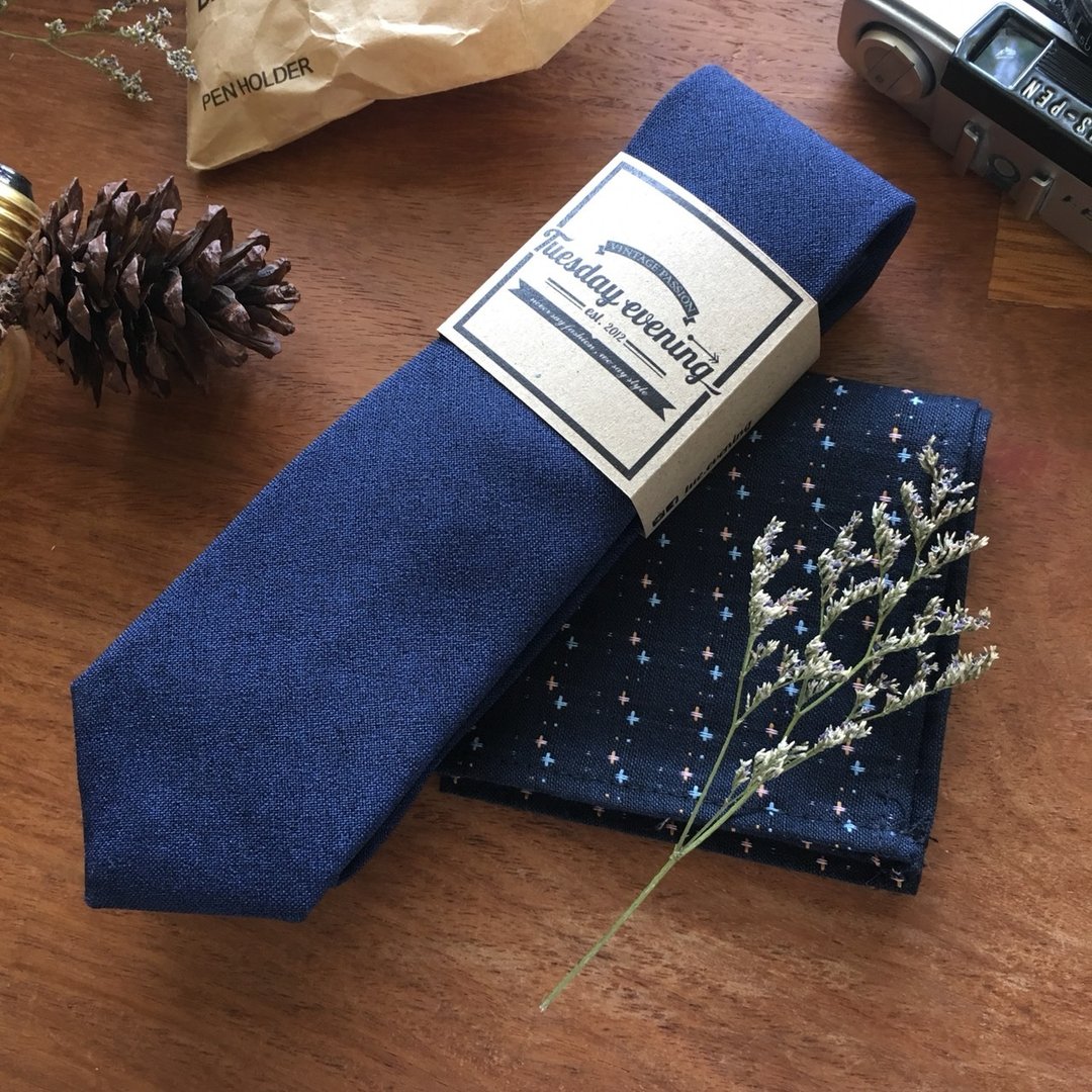 Neck Tie Blue Osaka Set with Blue Cross Pocket Square - 领带/领带夹 - 棉．麻 蓝色