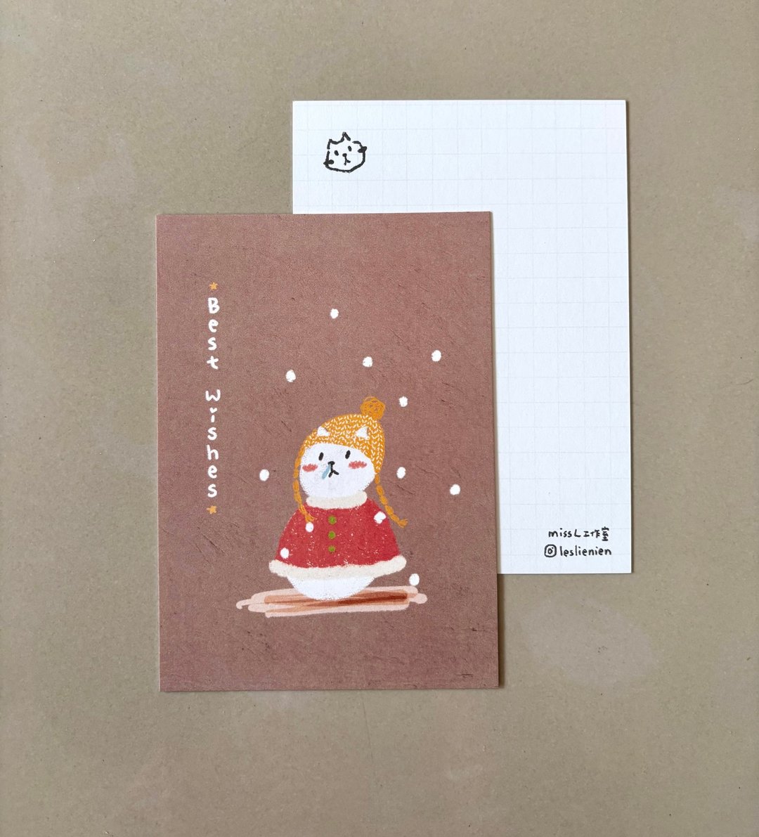 雪人猫猫 - 卡片/明信片 - 纸 卡其色