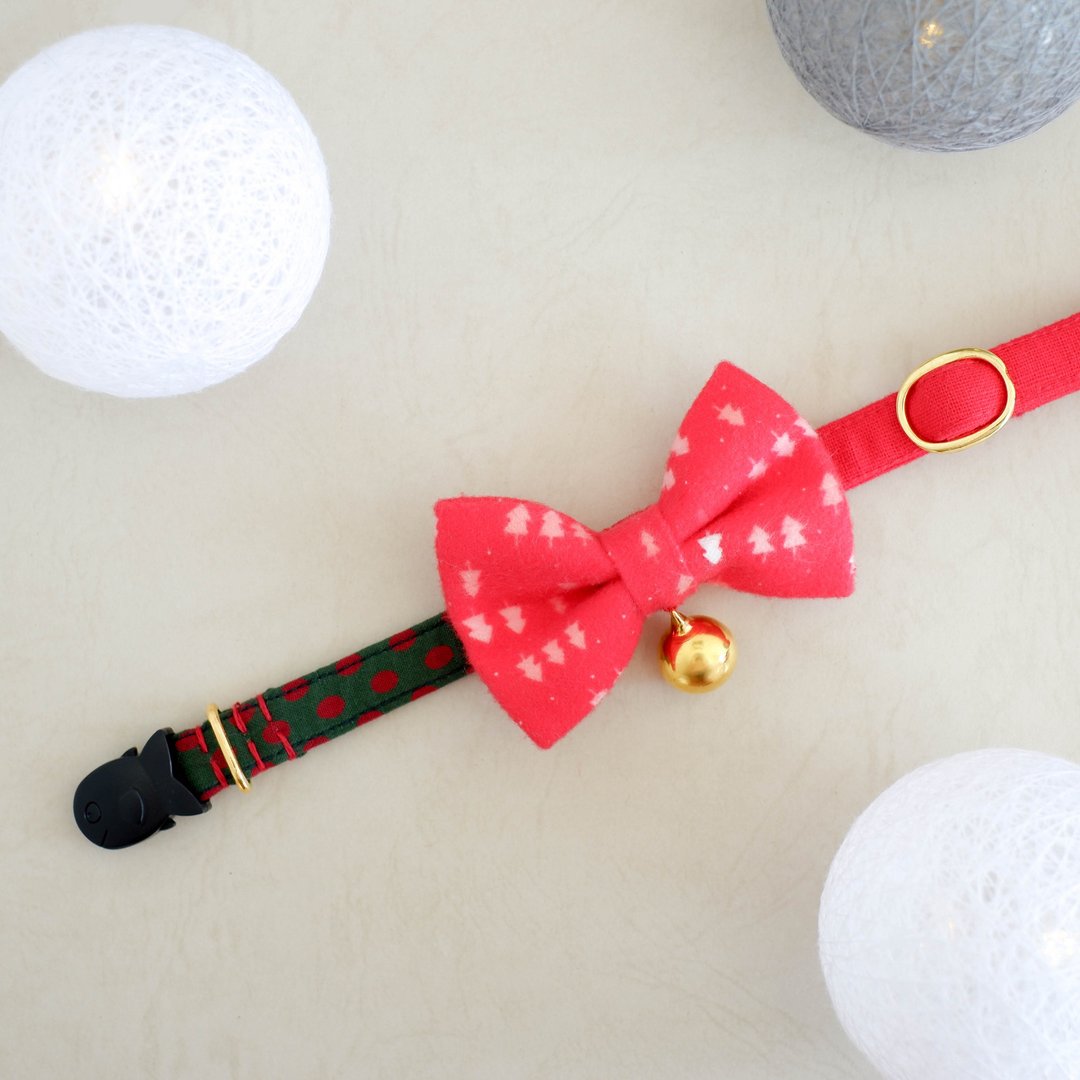 Breakaway cat collar : Let it snow collection / Removable Bow-tie:Christmas tree - 项圈/牵绳 - 棉 红色