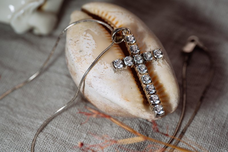 锆石纯银十字架项链 - 西洋古董首饰 - 项链 - 纯银 