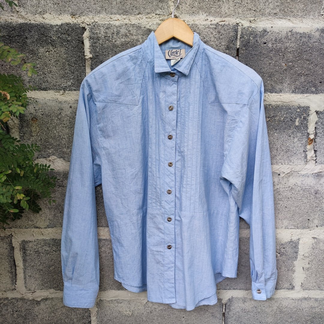 Vintage 80s Dead stock Circlet by Marilyn Lenox  Women's Chambray Shirt - 女装衬衫 - 棉 蓝色