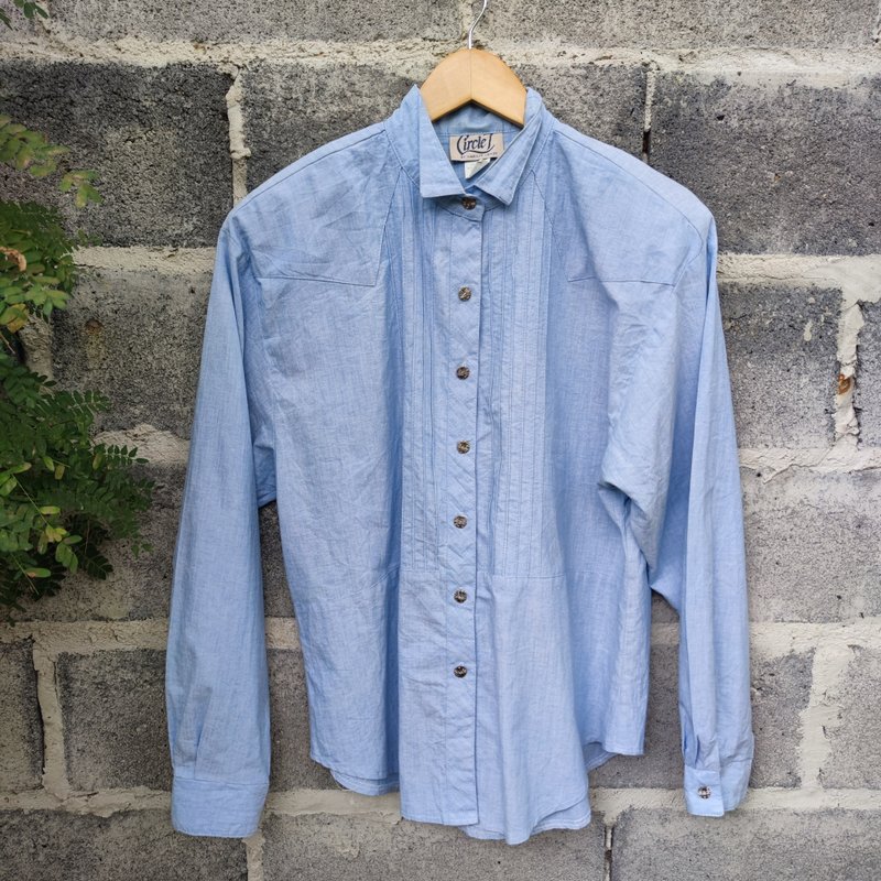 Vintage 80s Dead stock Circlet by Marilyn Lenox  Women's Chambray Shirt - 女装衬衫 - 棉．麻 蓝色