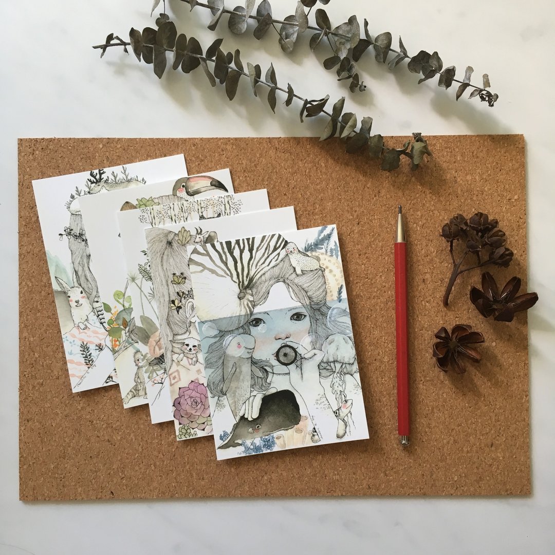 Nature Awareness Surreal Illustrations Art Note Cards Postcards Set - 卡片/明信片 - 纸 白色