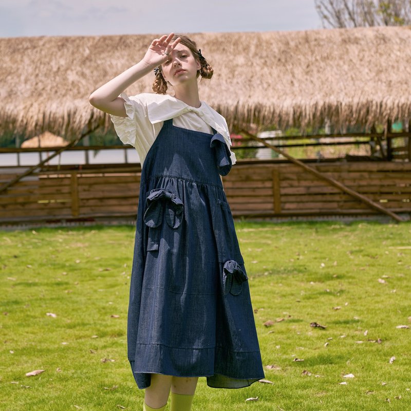 大蝴蝶结口袋牛仔裙 / 连身裙 吊带裙 洋装 丹宁 - 洋装/连衣裙 - 棉．麻 蓝色