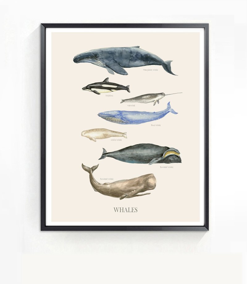 北欧风居家海报-鲸鱼水彩画-复制画-卧室装饰画-动物-画框-民宿 - 海报/装饰画/版画 - 纸 