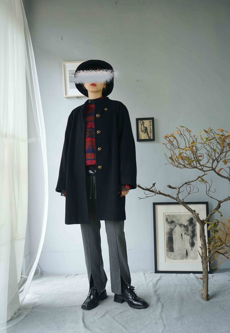 寻宝古着-黑色立领连袖复古金扣毛料大衣外套 - 女装休闲/机能外套 - 羊毛 黑色