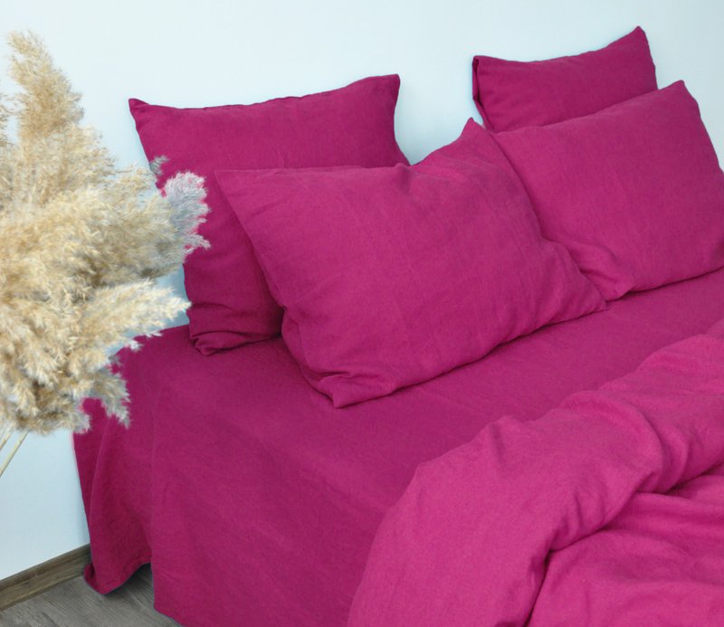 Fuchsia linen pillowcase / Pink pillow cover / Euro, American, Taiwan size - 寝具 - 亚麻 粉红色