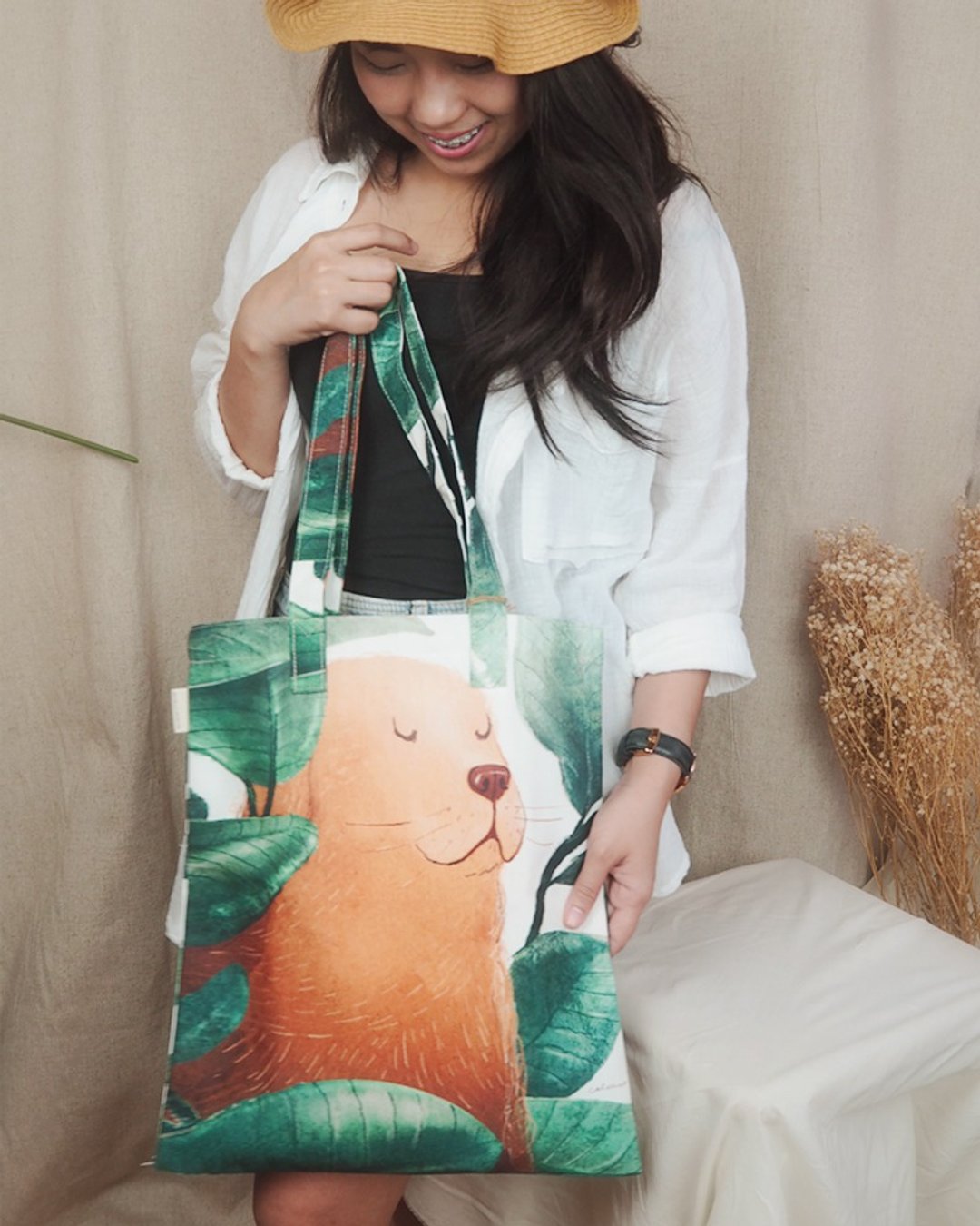 TOTE PRINT DOG LEAF - 手提包/手提袋 - 棉 绿色
