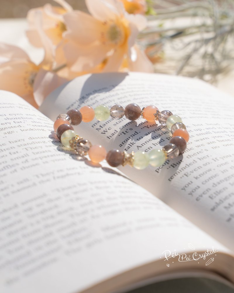 金太阳石 茶晶 葡萄石 天然水晶手链 暖色温柔款 - 手链/手环 - 水晶 多色