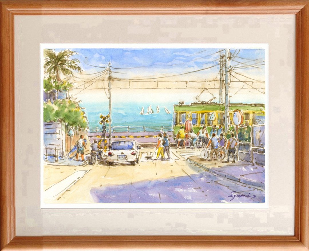 Original watercolor painting Enoden Kamakura High School Mae Station / Railroad crossing scenery - 海报/装饰画/版画 - 纸 蓝色