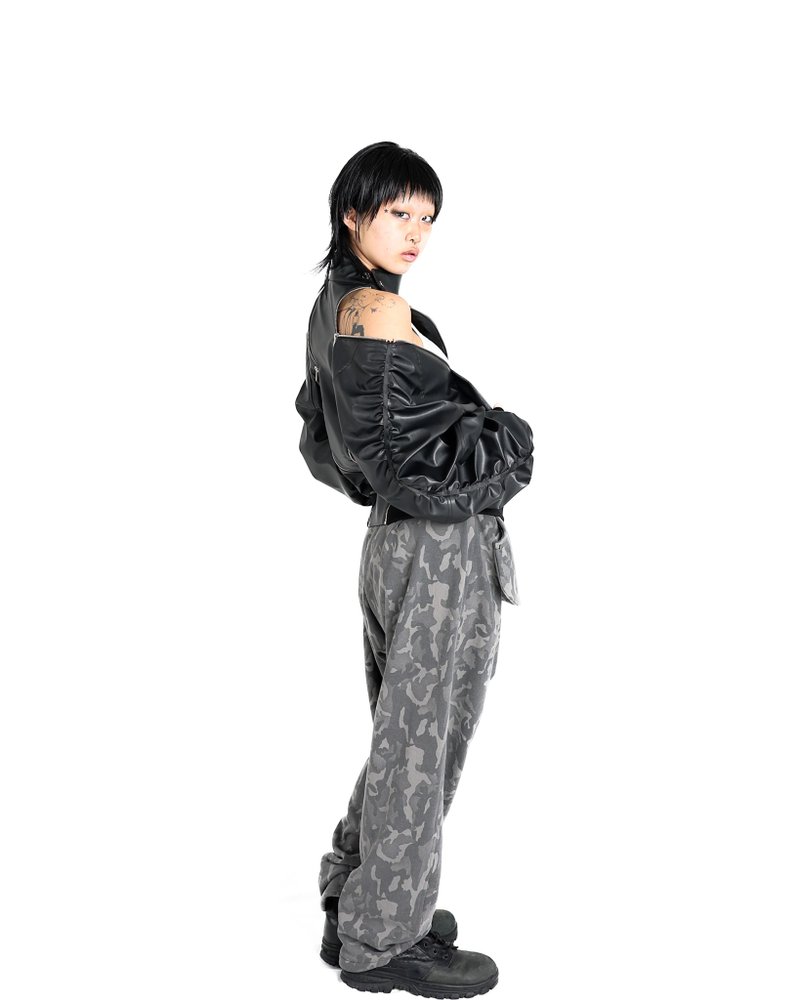 大口袋缩口裤 - 迷彩 - 女装长裤 - 棉．麻 灰色