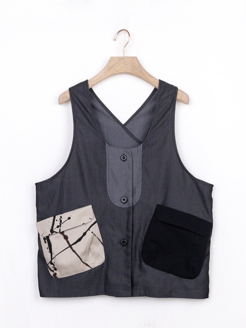 灰 - 立体袋被交叉拼接背罩 #U3035 - 女装背心 - 棉．麻 灰色