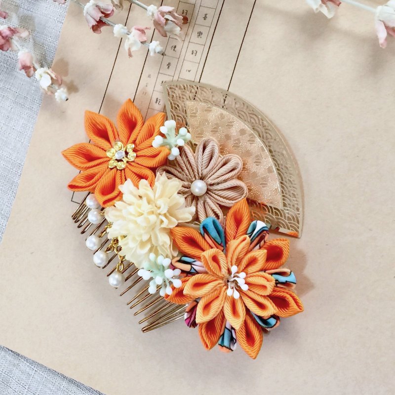 华丽蓝橘撞色手工花朵扇形珍珠金饰发叉 发插 发梳 头饰 发夹 - 发饰 - 其他材质 橘色