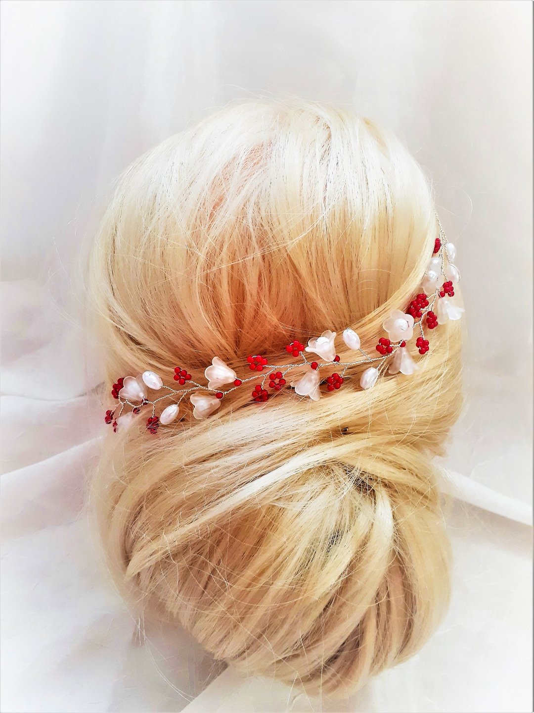 Wedding flower hair vine, White and red bridal hair piece, Wedding headband - 发饰 - 压克力 多色
