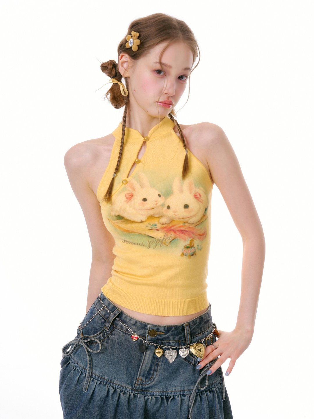 ziziFei''云间兔语''夏设计感兔子印花新中式黄色挂脖针织背心女 - 女装背心 - 其他材质 黄色